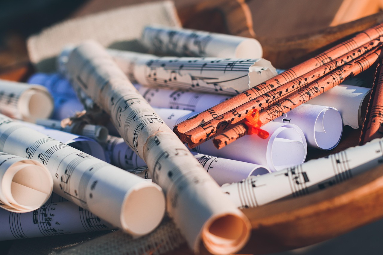 sheet music, music notes, scrolls, rolled paper, vintage, artistic, composition, melody, creative, classical music, musical background, music lover, inspiration, musical art, paper, soft light, rustic, still life, retro, handmade, decor, detailed, elegant, music collection, aesthetic